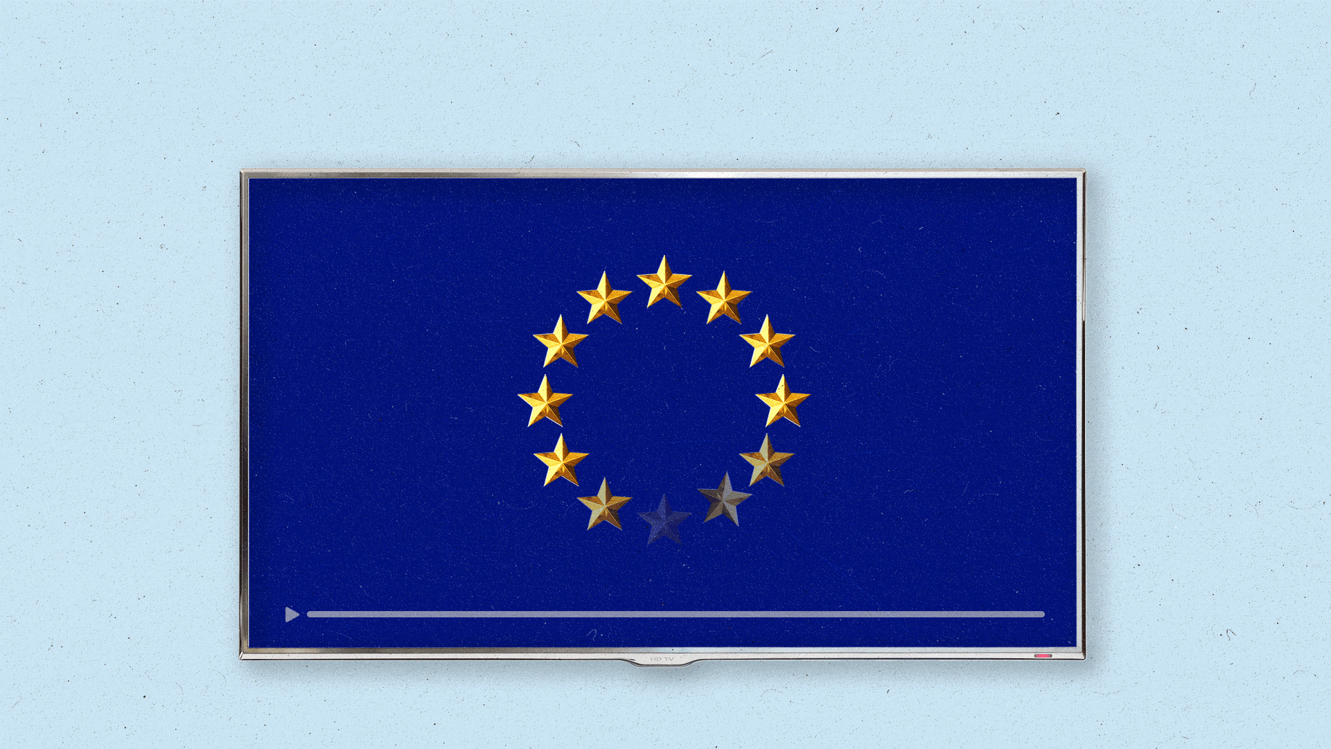 A modern TV screen shows the blue of the EU flag with 12 gold stars/ The stars blink in and out in the form of a screen loading circle.
