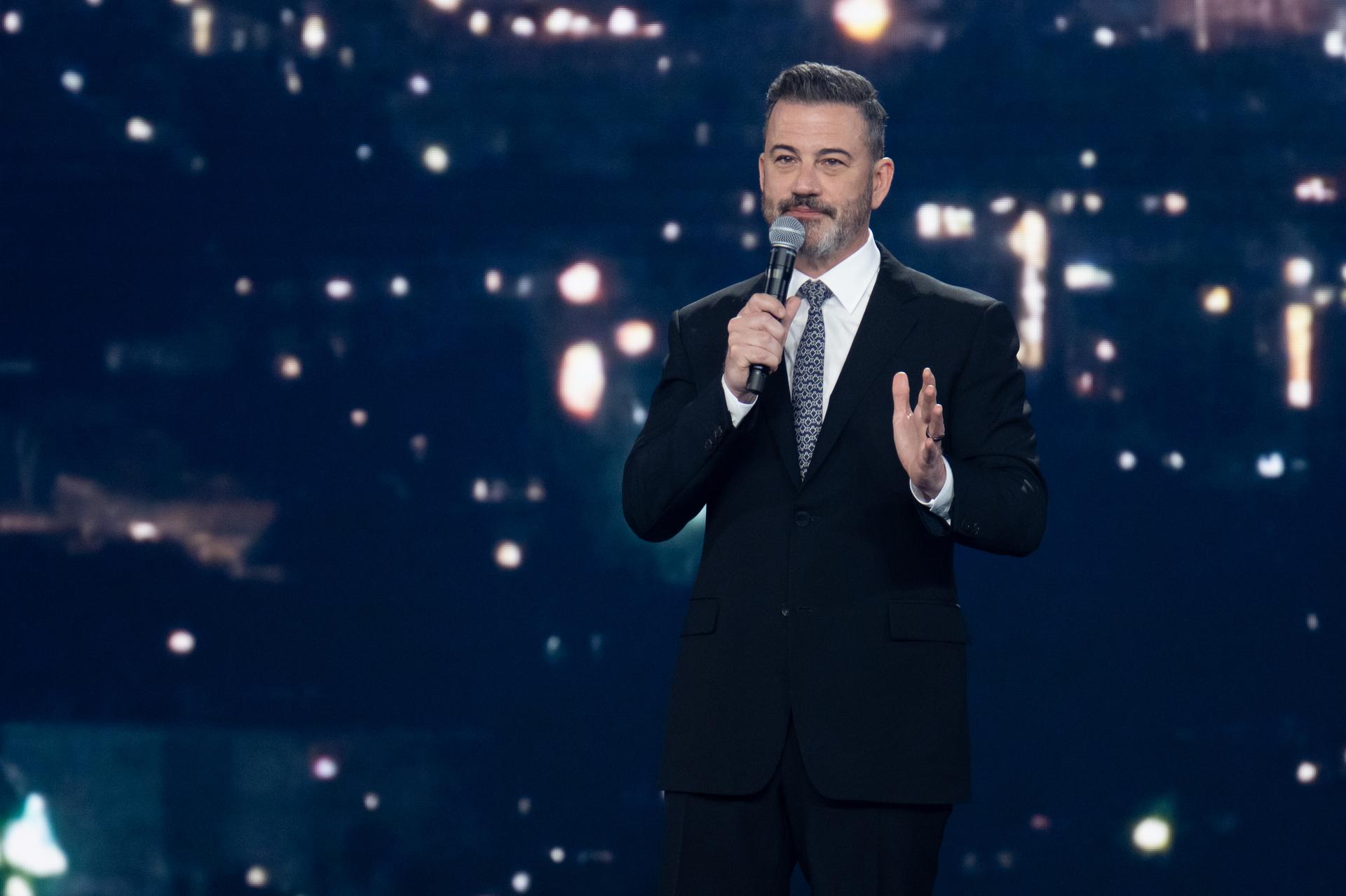 Jimmy Kimmel on stage at Disney's upfront presentation.