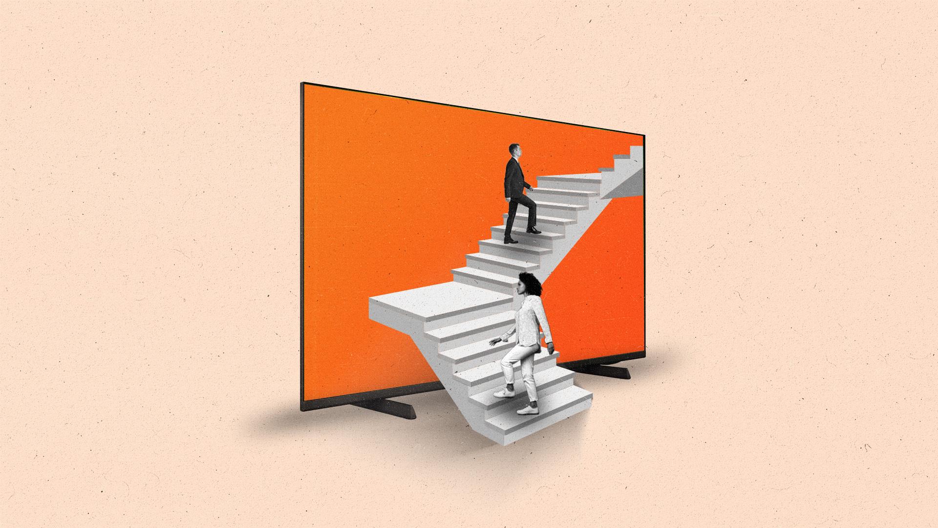 Two people in business attire ascend steps into a Connected TV.