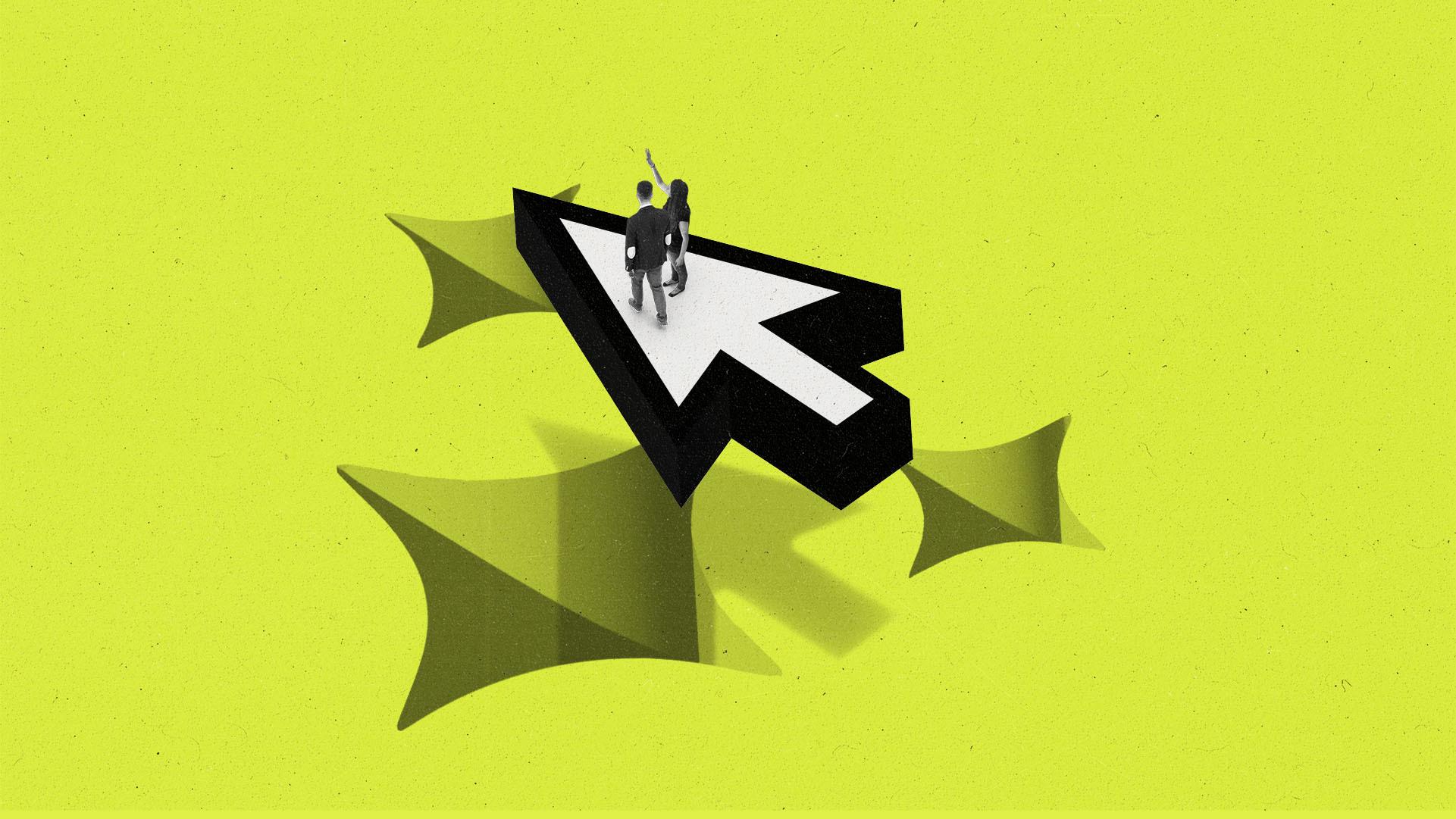 Two people standing on a cursor floating over AI sparkle-shaped holes