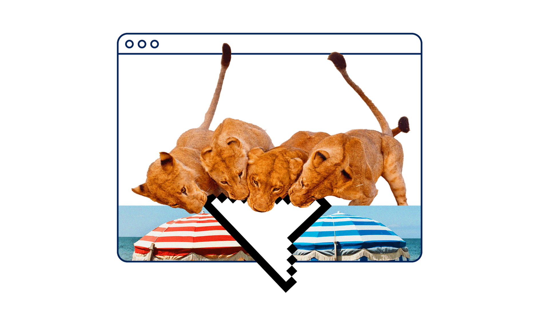 A digital collage shows four lion cubs emerging from a browser window, appearing to bite a large downward-pointing cursor, with red and blue striped beach umbrellas by the ocean in the background.