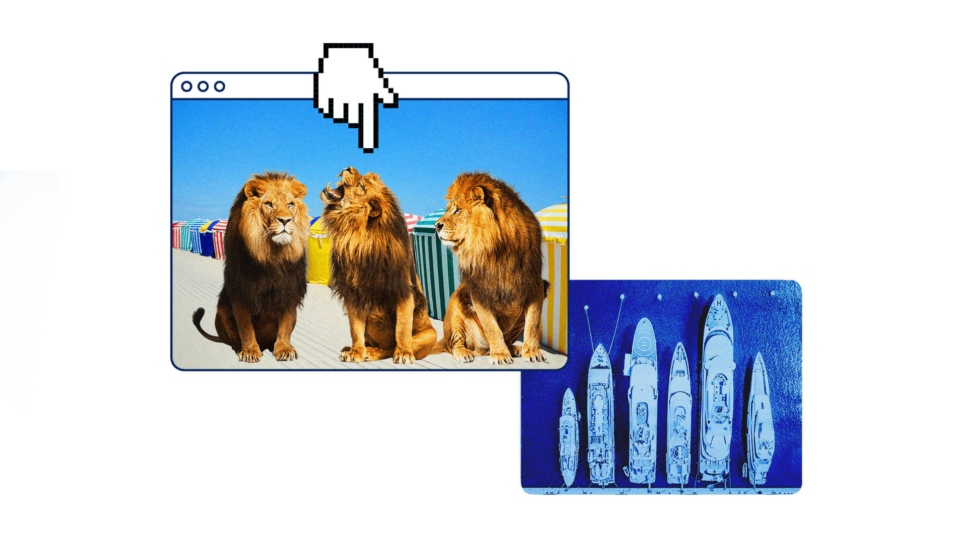 A digital collage shows three lions sitting on a beach in front of colorful cabanas inside a browser window, with a cursor hand pointing at them, overlaid on an aerial image of yachts docked in blue water.