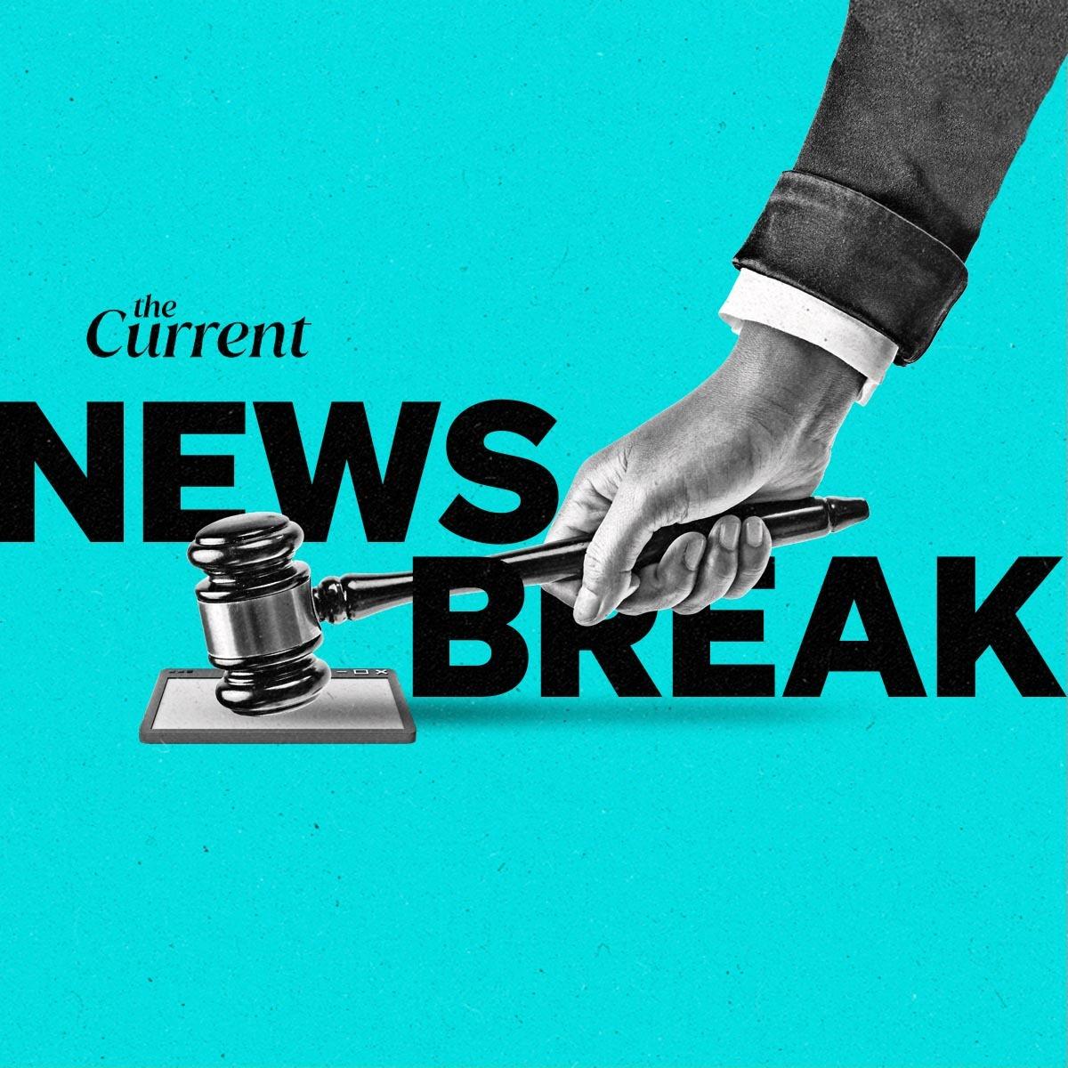 News Break with a hand holding a gavel over a search window.