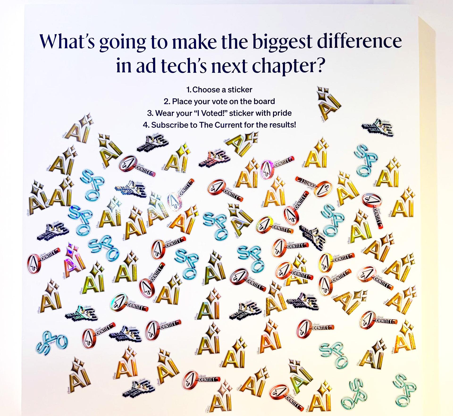 Board shows various stickers with a question that reads, "What's going to make the biggest difference in ad tech's next chapter."