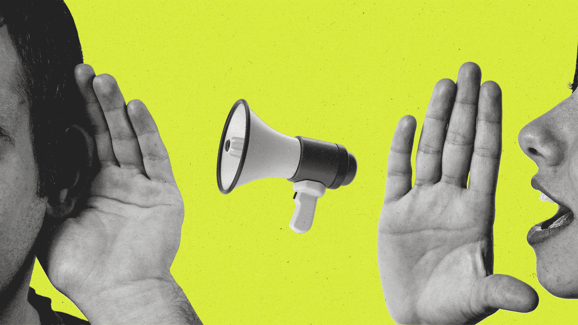 A person whispers in another persons ear with a tv remote screen, megaphone and diamonds flashing in the middle.