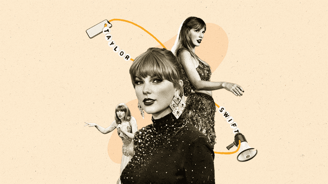Three images of Taylor Swift and a friendship bracelet containing the letters of her name, a megaphone, and a smartphone.