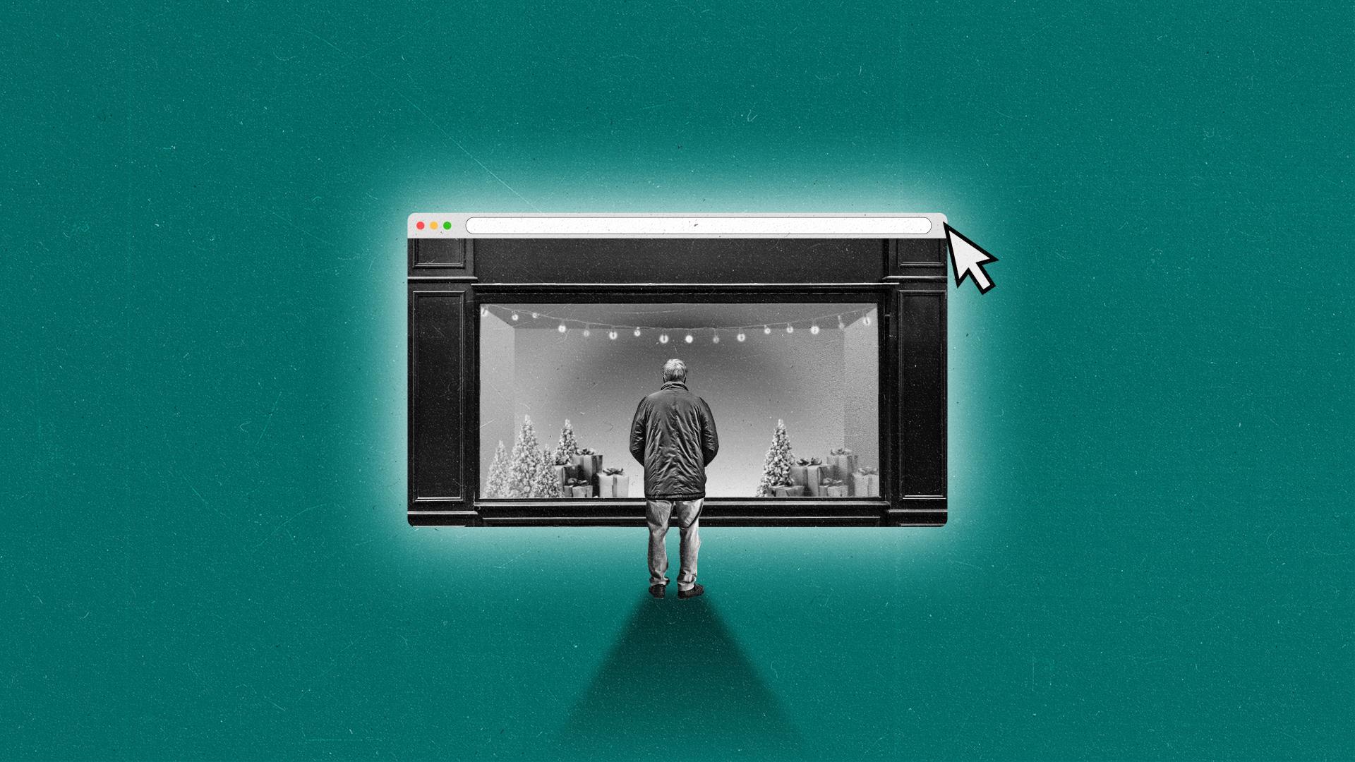 Man looks into a festive storefront that's in the shape of a browser window.