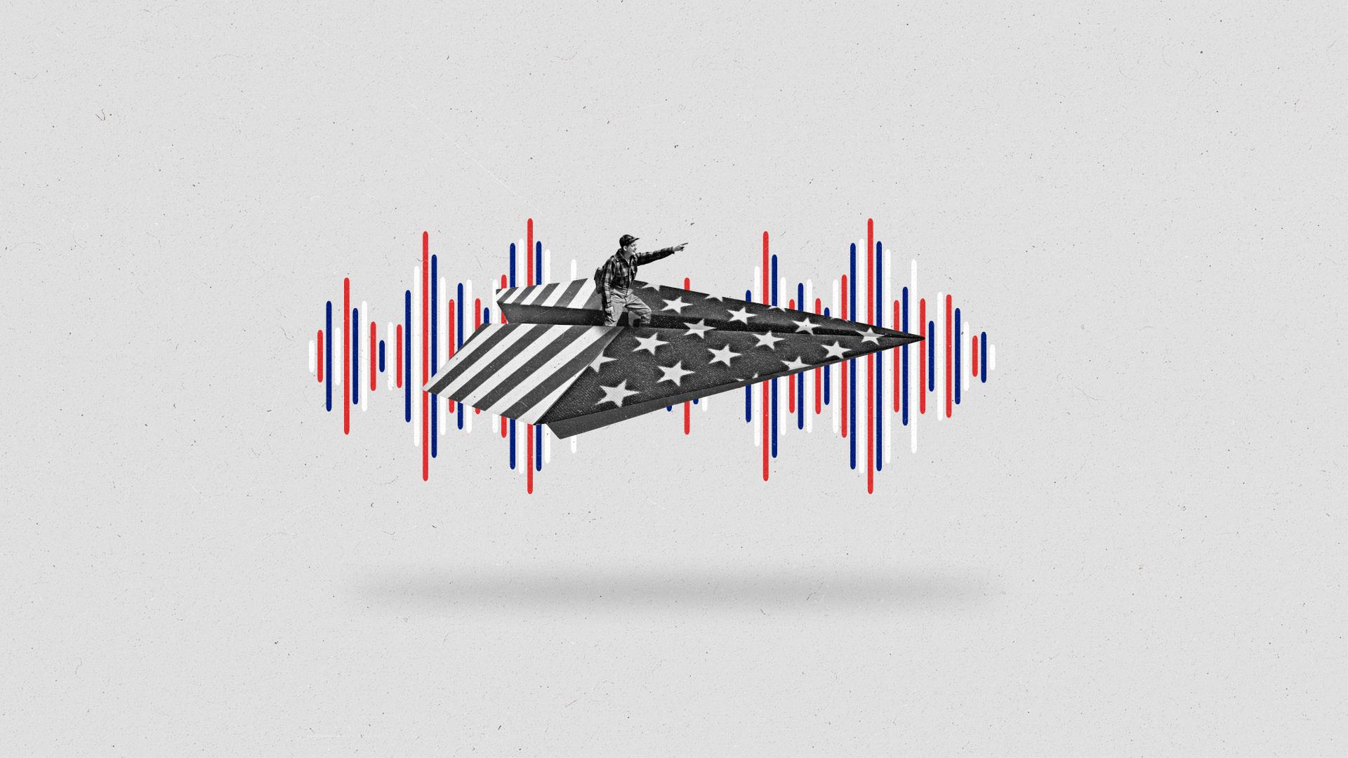 A person rides on a paper airplane with stars and stripes with sound waves behind it.
