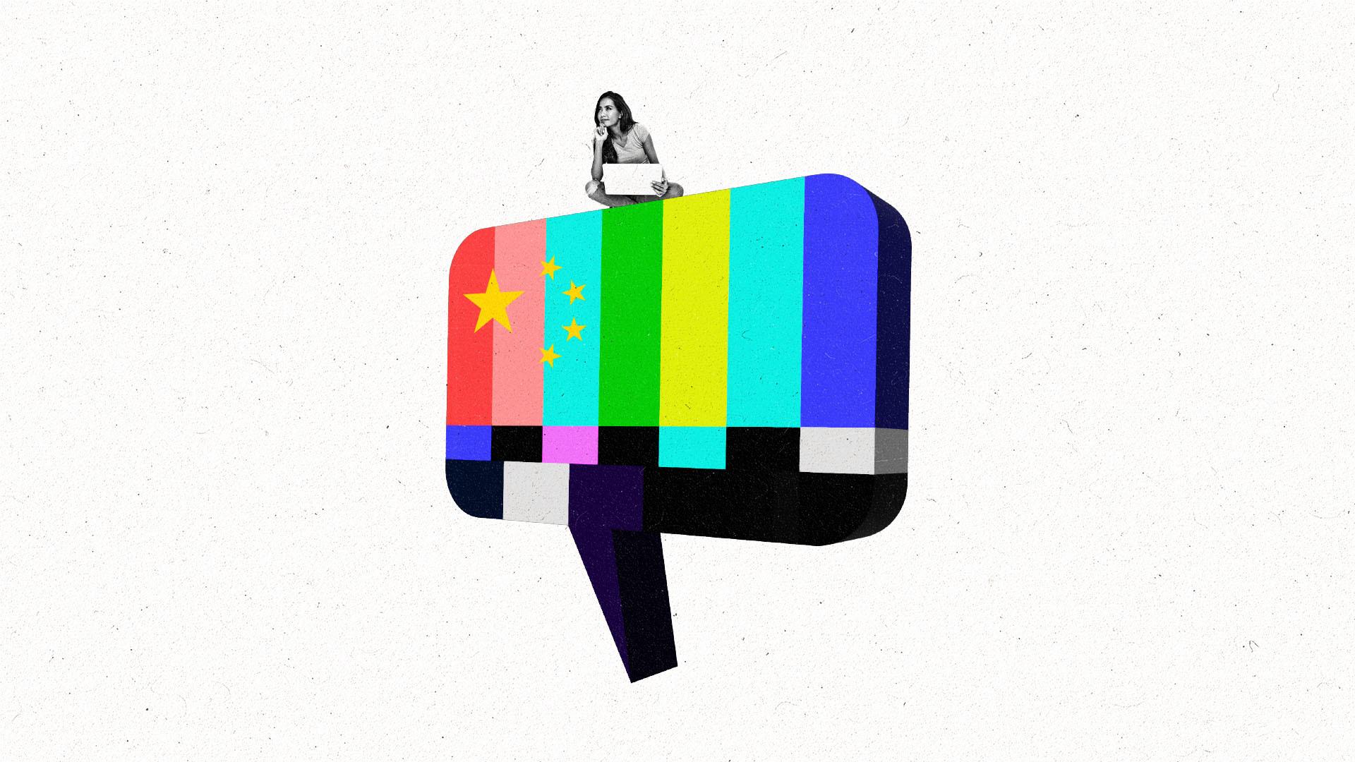 A person sits on top of a chat bubble that looks like a TV screen and the flag of China.