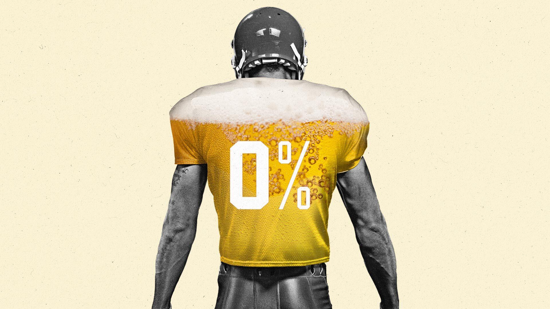A football player wears a jersey depicting beer and a number that says 0%.