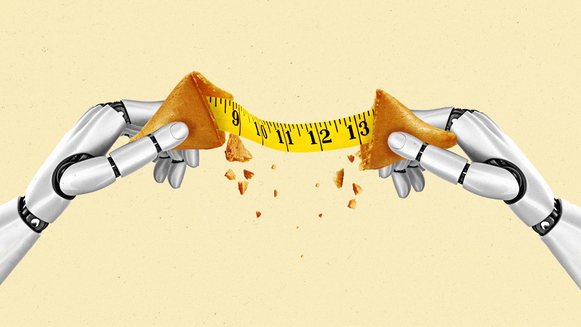 Two robotic hands split a fortune cookie, revealing measuring tape.