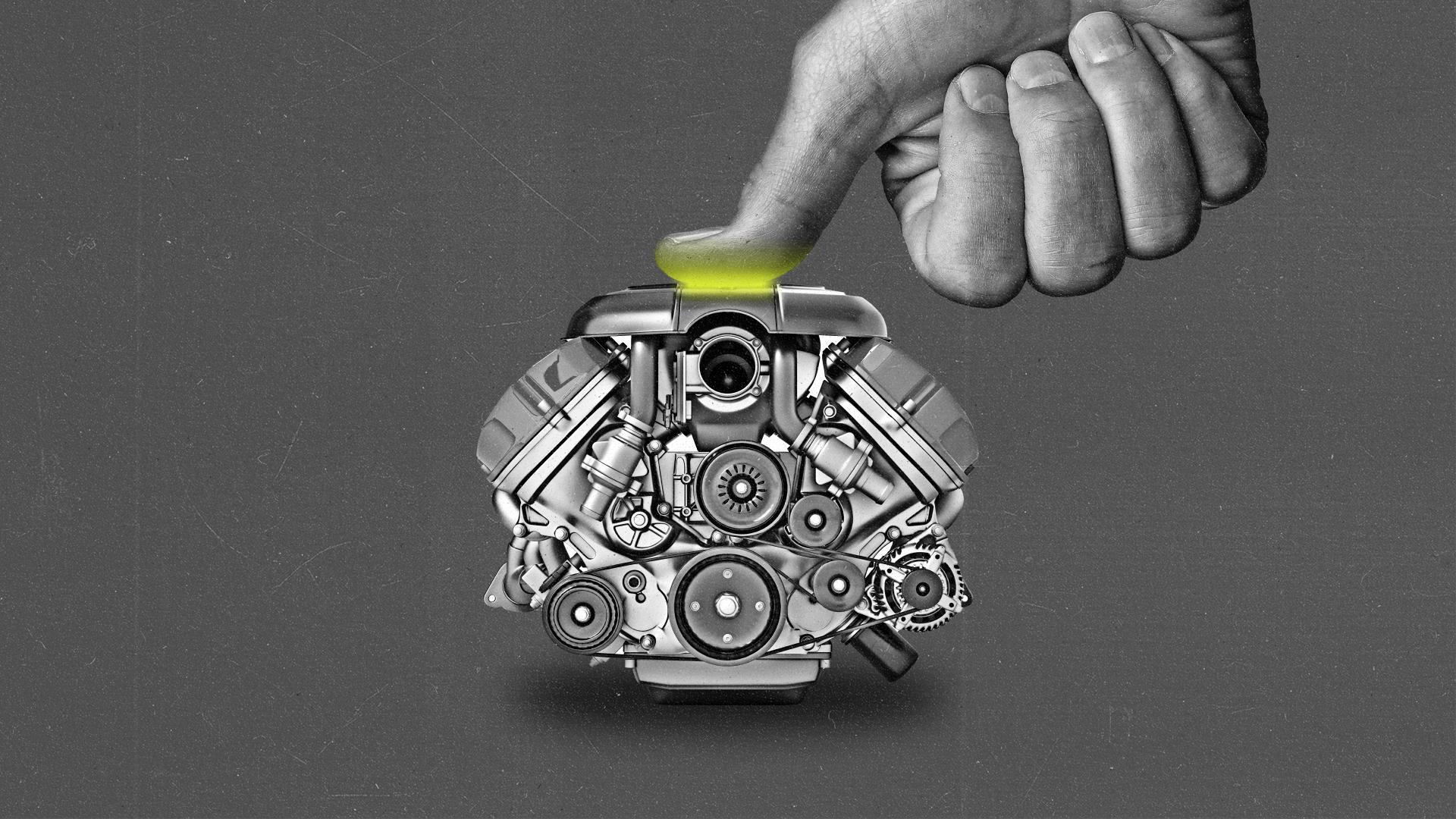 A large hand scans finger on a car engine.