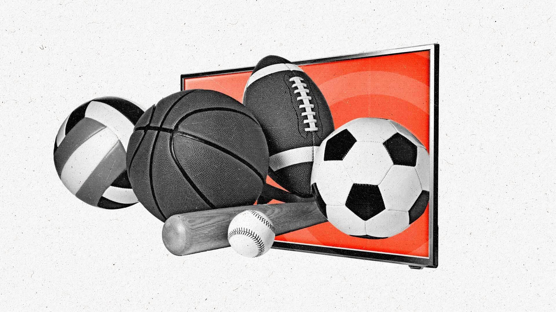 Sports equipment pouring out of red-screen TV.