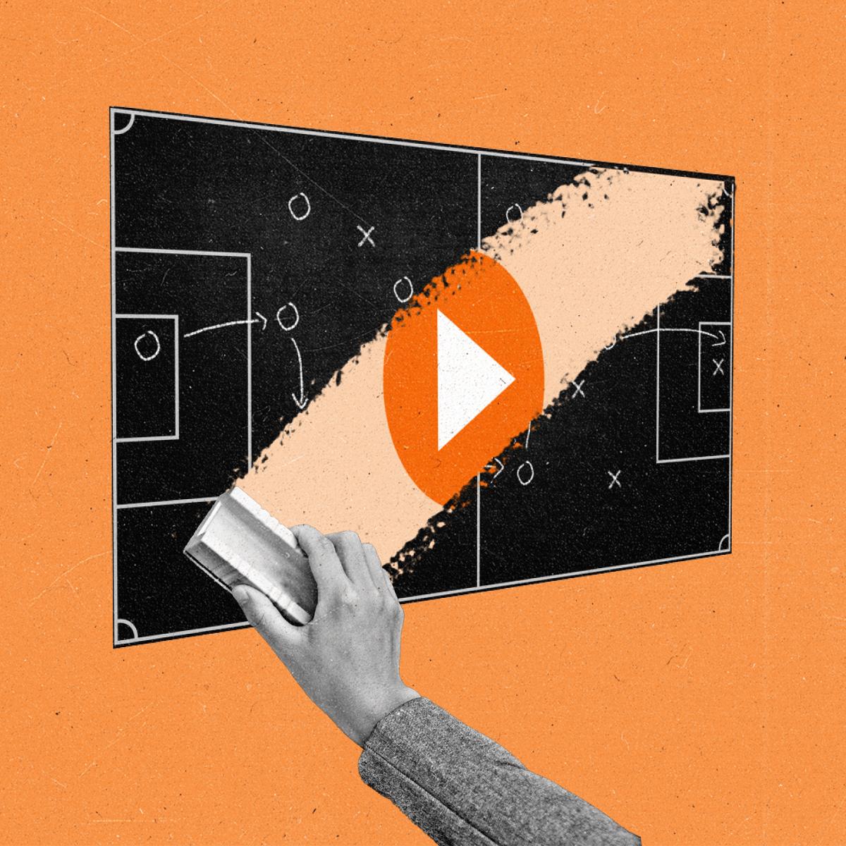 Sports strategy chalkboard drawing is swiped through the middle by an eraser, revealing a CTV play button.