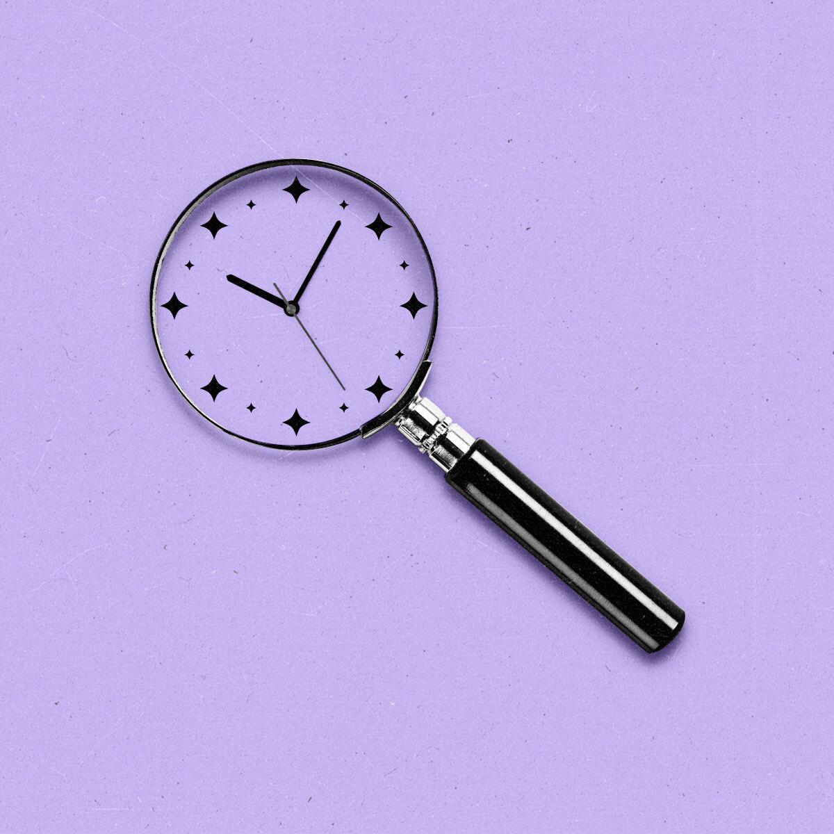 Magnifying glass containing a clock face and hands, with AI stars as the hourly markers.