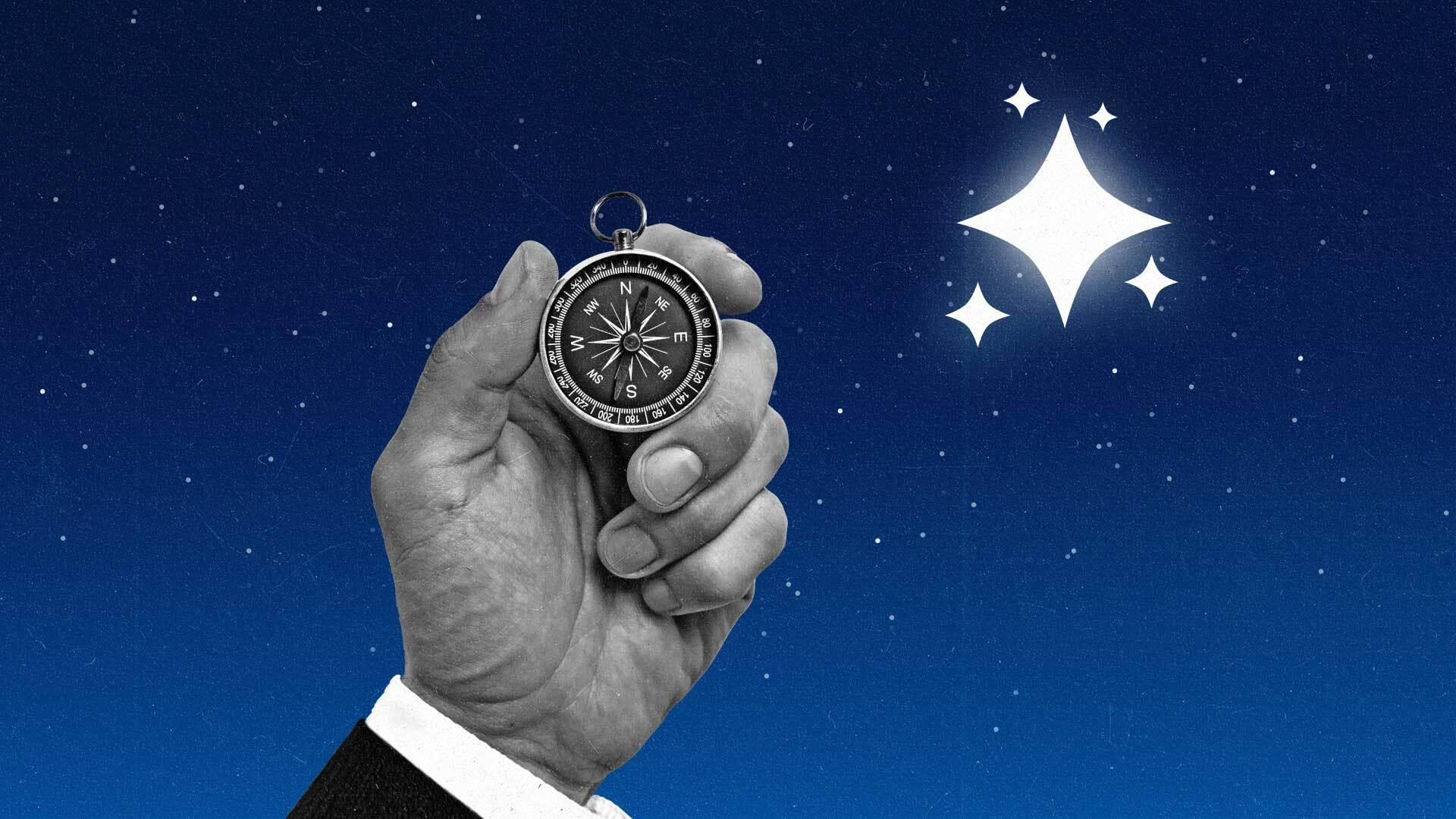 An executive’s hand holds a compass up to night sky, where a bright AI icon acts as North Star.
