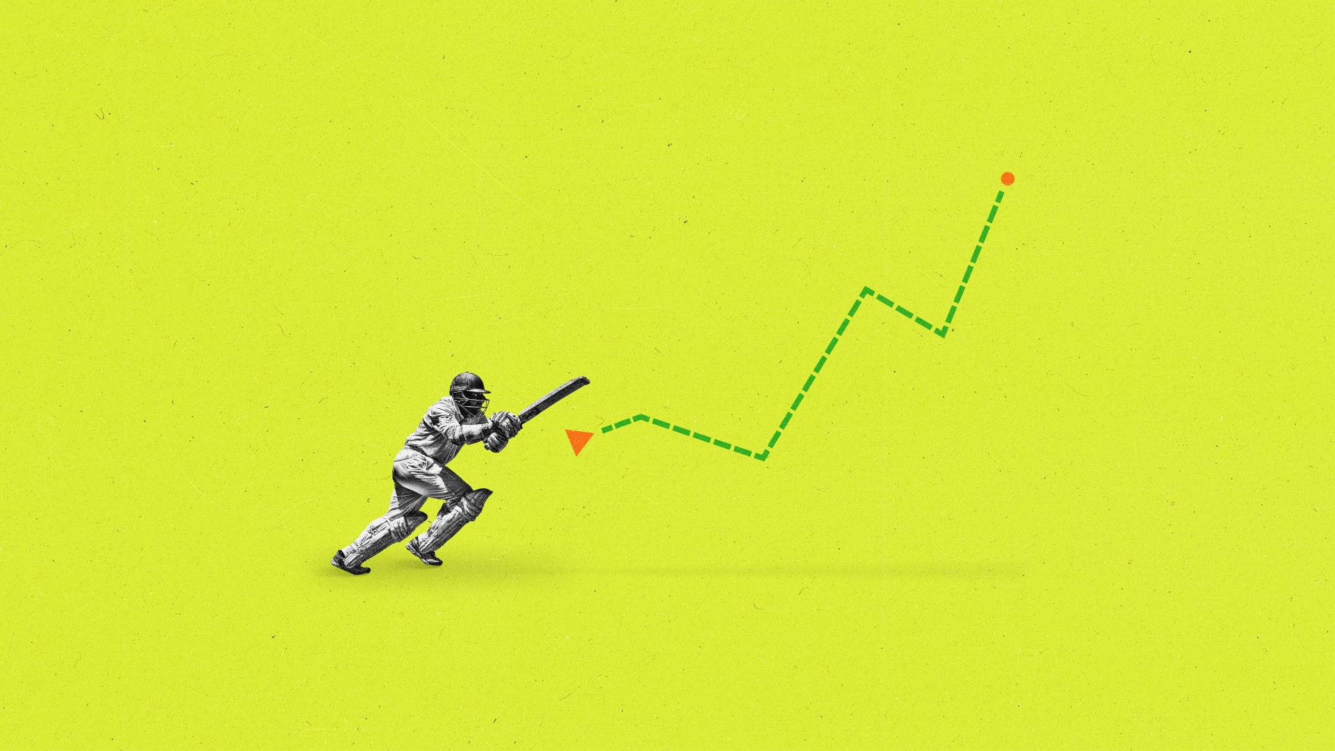 A cricket player hits a ball that looks like a playbar on a video player.