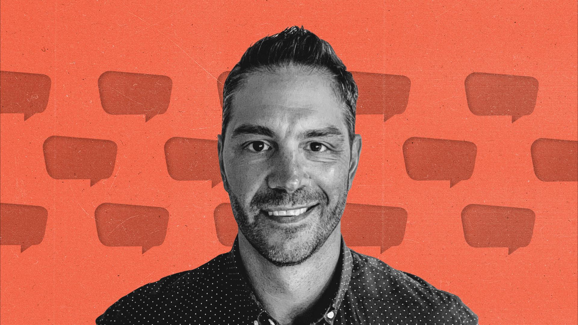 Photo of Rob Caruso with speech bubbles on an orange background.