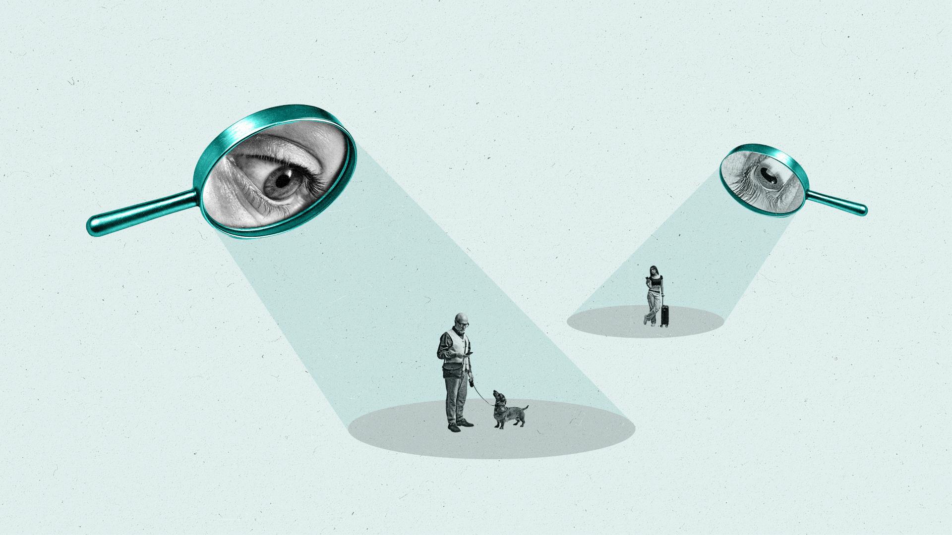 oversized magnifying glasses peer over the shoulders of smartphone users