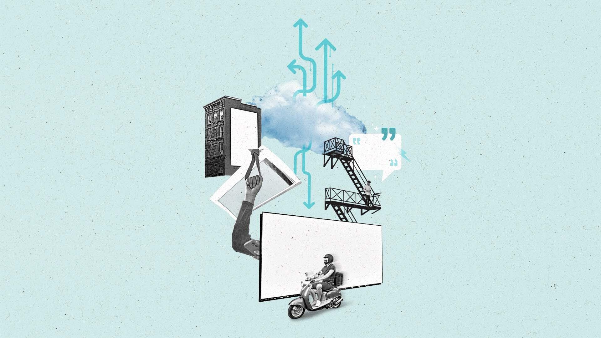 New York imagery such as a fire escape, straphanging, and a delivery guy is combined with arrows going through a cloud, a connected TV, and UI iconography.