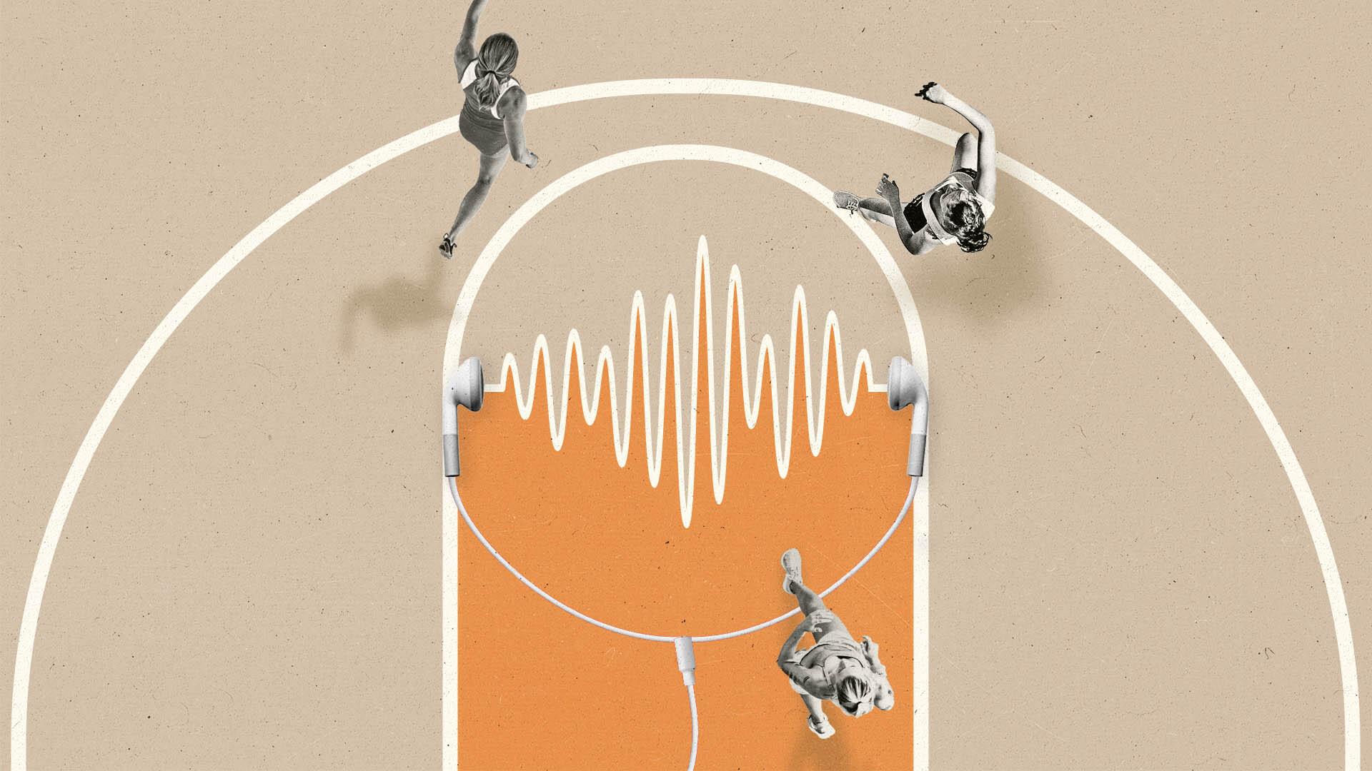 Women basketball players play on a court with earbuds and an audiowave incorporated into the markings.