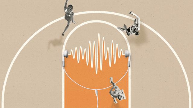 Women basketball players play on a court with earbuds and an audiowave incorporated into the markings.