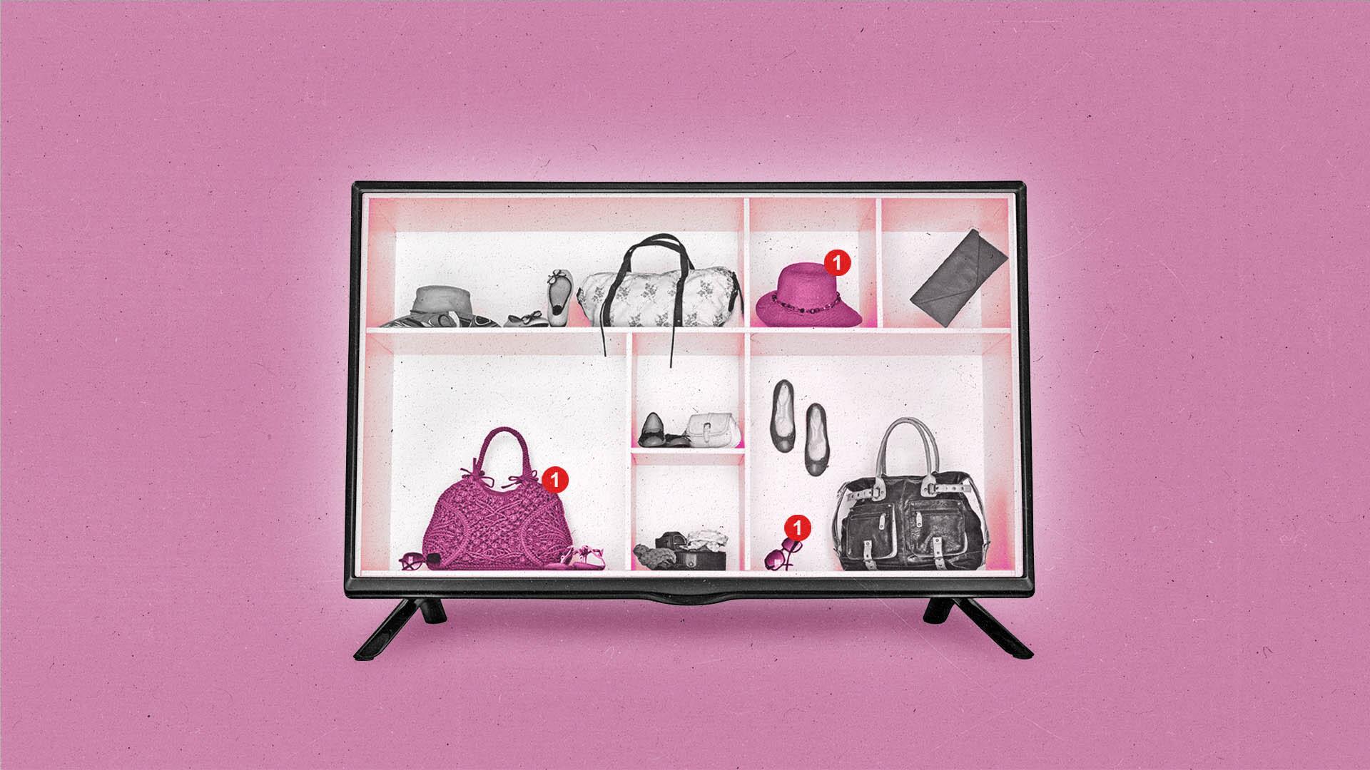 TV screen filled with retail shelves and items, clothing, purses, etc.