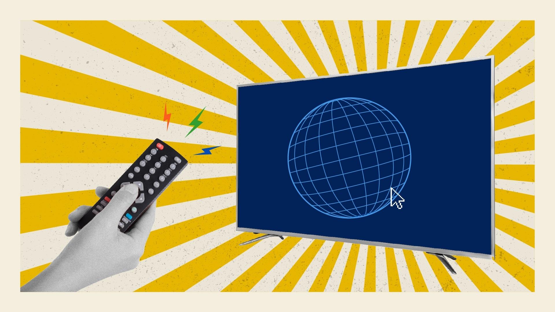 A hand holds a remote at a TV with an outline of a globe.