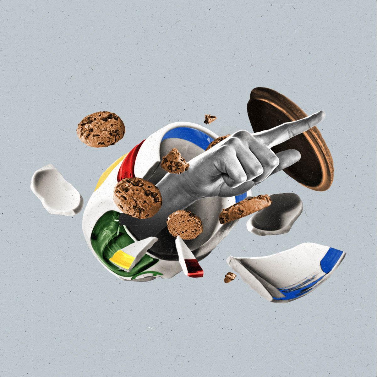 A fingers points forward as whole cookies spring through a shattered cookie jar.