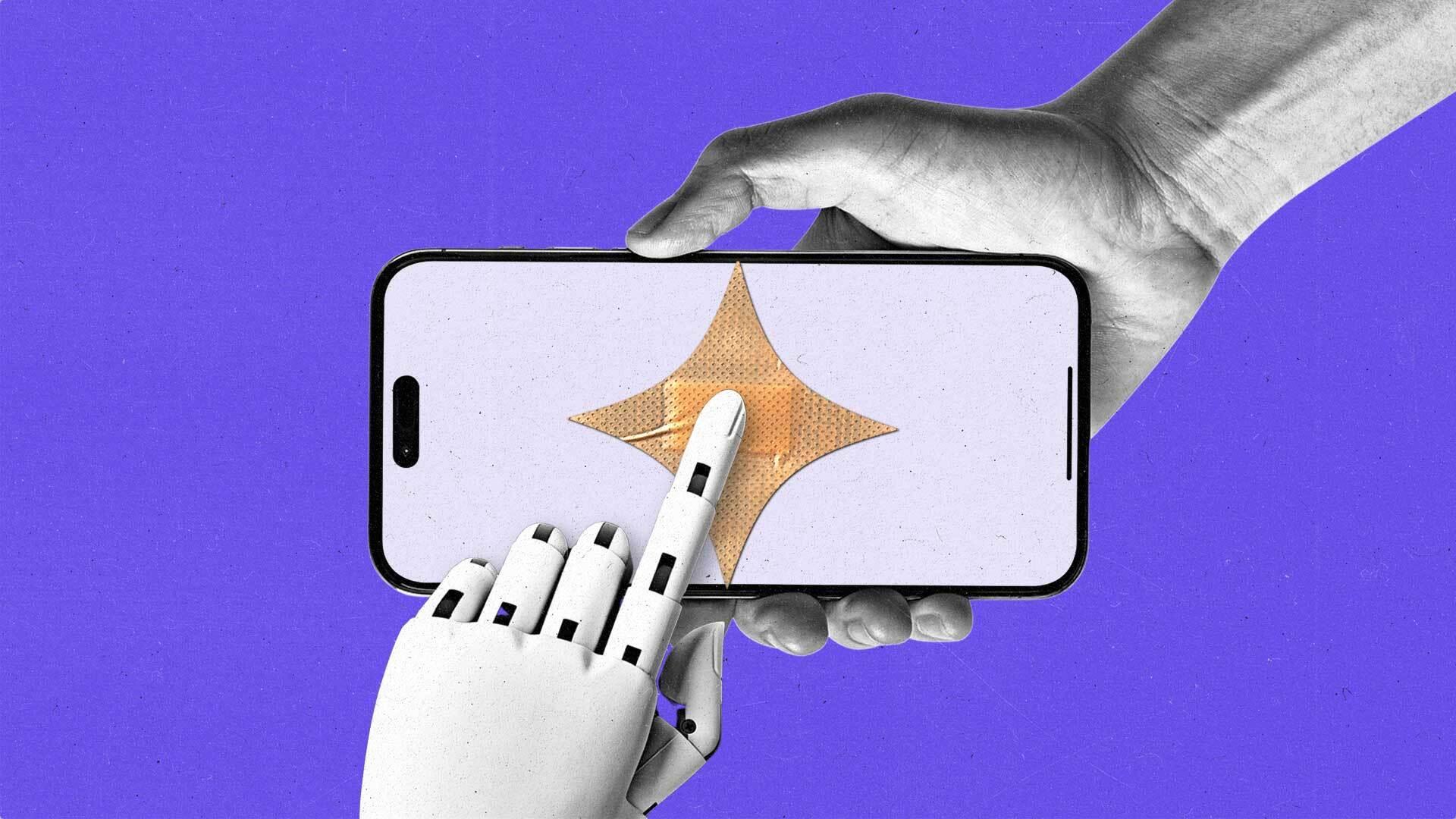A robot hand applies a sparkle-shaped adhesive bandage to a smartphone held by a human hand.