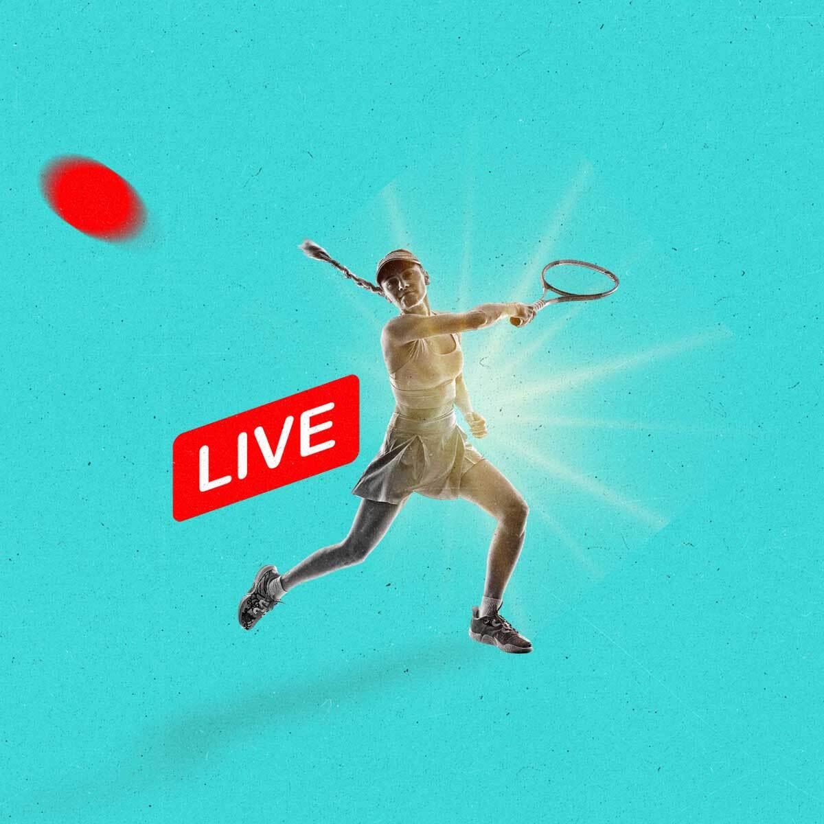 A female tennis player hits the red circle from a live UI signal with her tennis racket.
