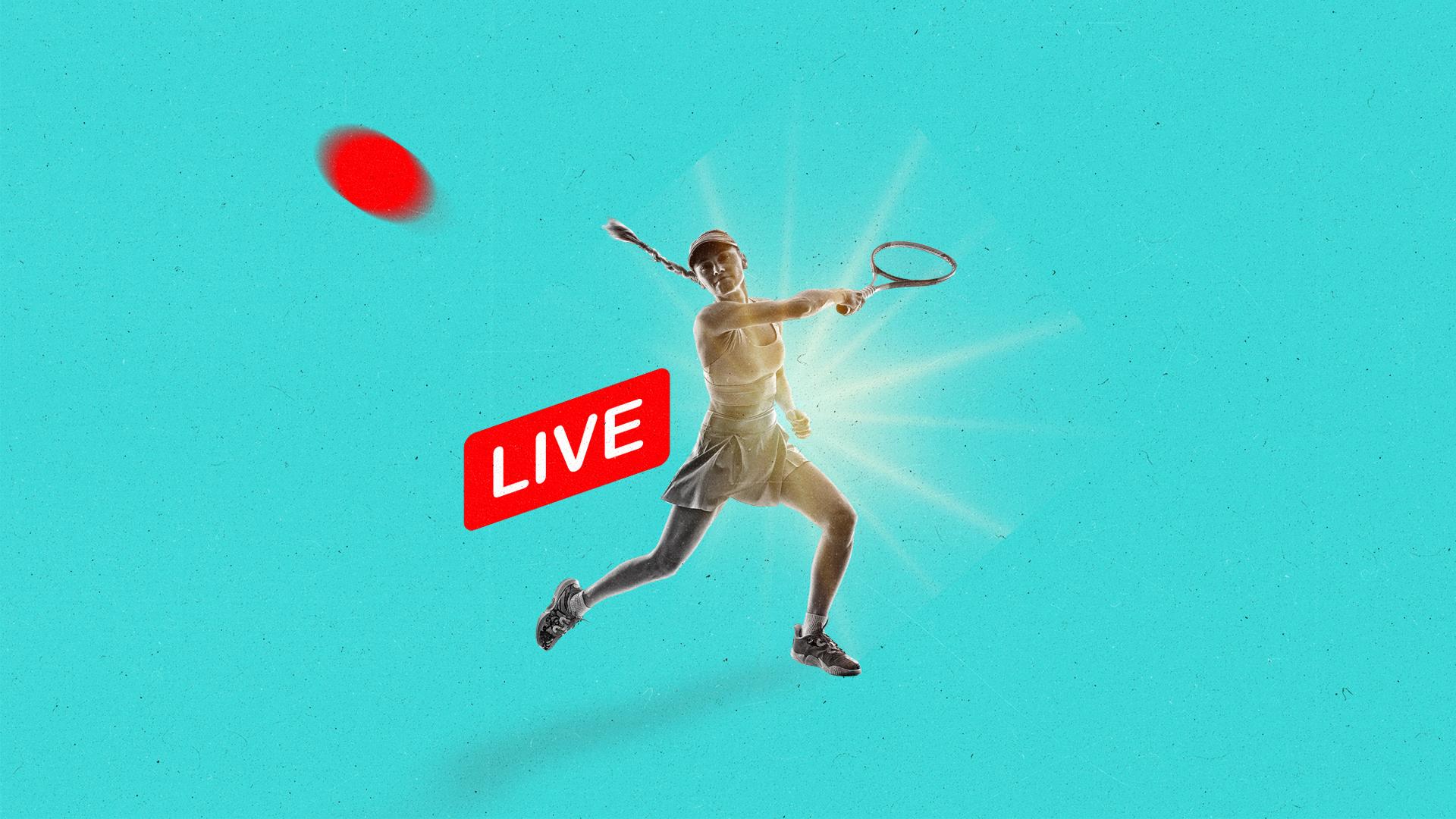 A female tennis player hits the red circle from a live UI signal with her tennis racket.