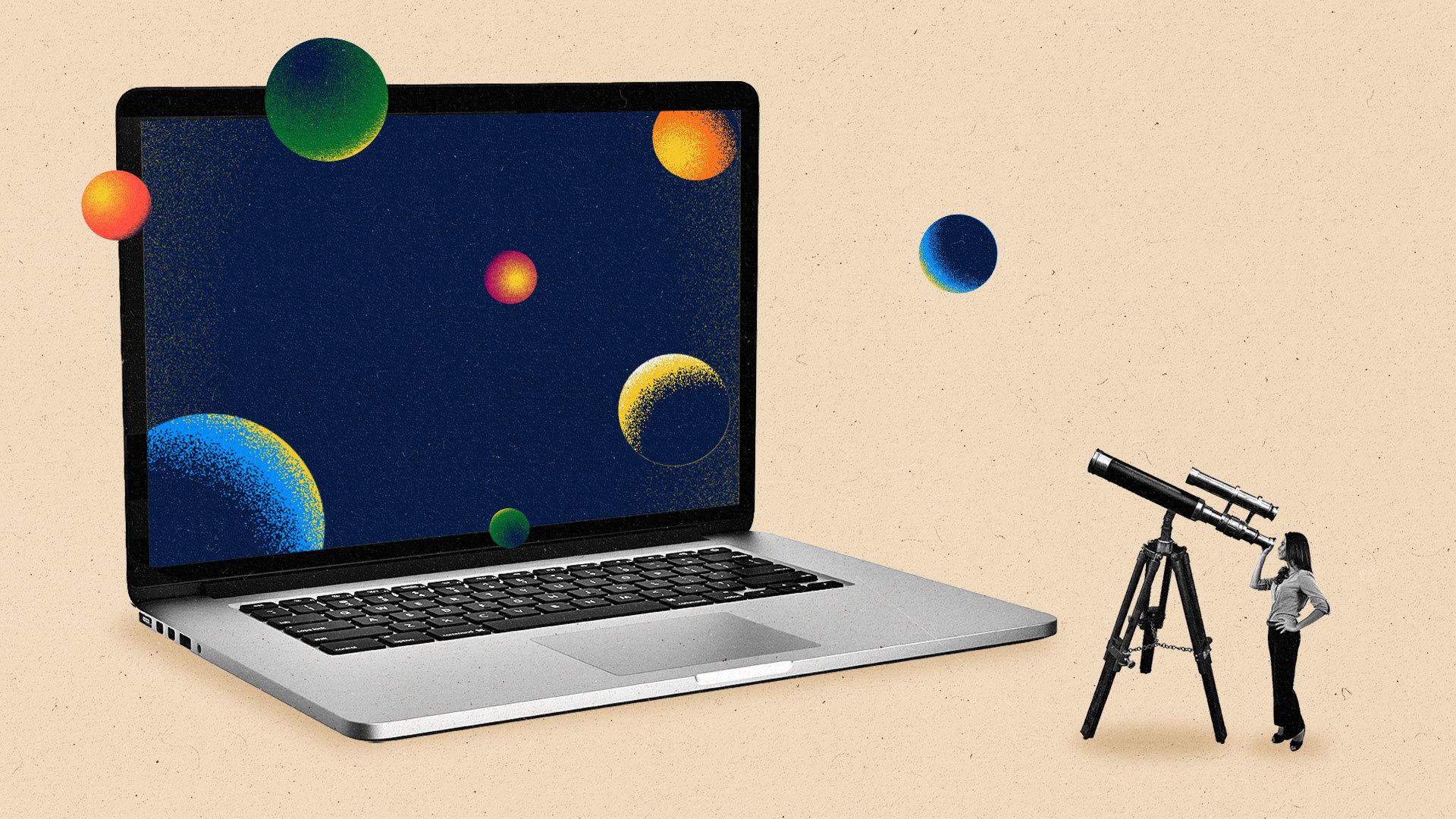 Tiny woman peering through a standing telescope at a laptop monitor displaying planets in outer space, with some planets protruding from confines of screen.