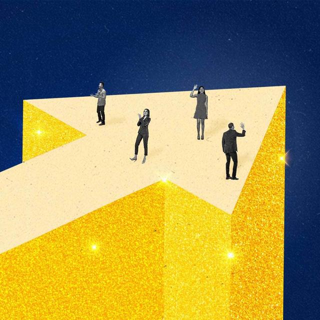 Four business people wave and applaud while standing on a gold, glittery upward arrow.