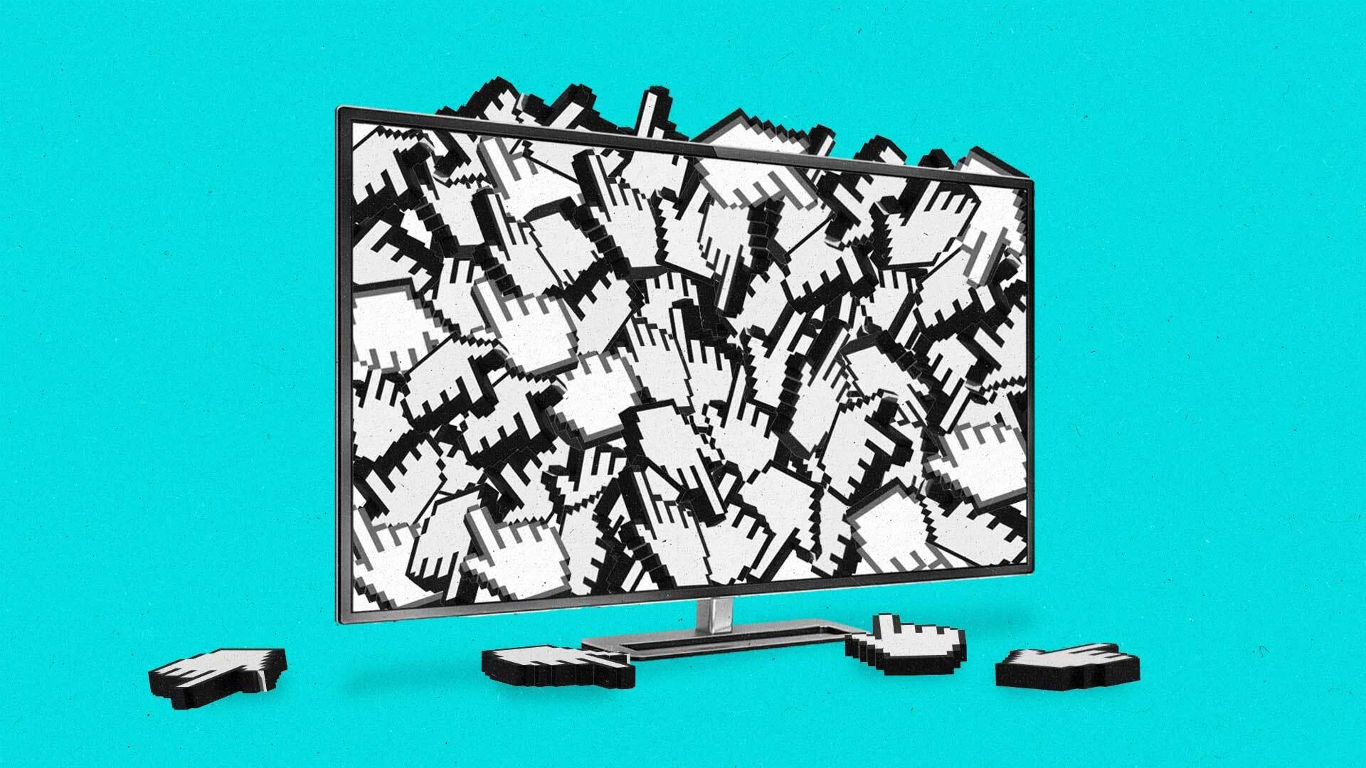 A connected TV is brimming with finger cursors, with some laying on the floor.