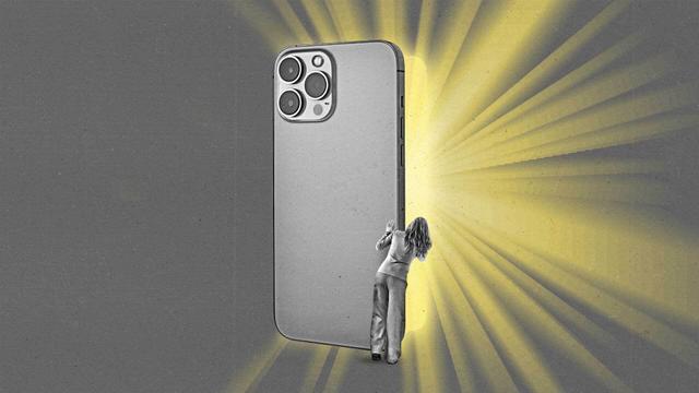 A woman peers around a smartphone that's slightly opened like a door as light streams out from the other side.