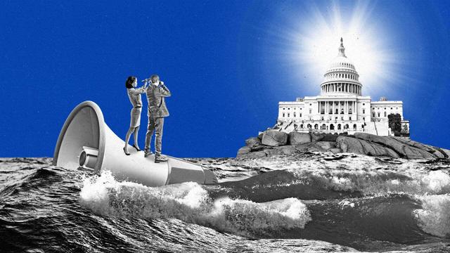 Two businesspeople standing on an oversized megaphone in rough waters look towards the Capitol Building shining on the shore.