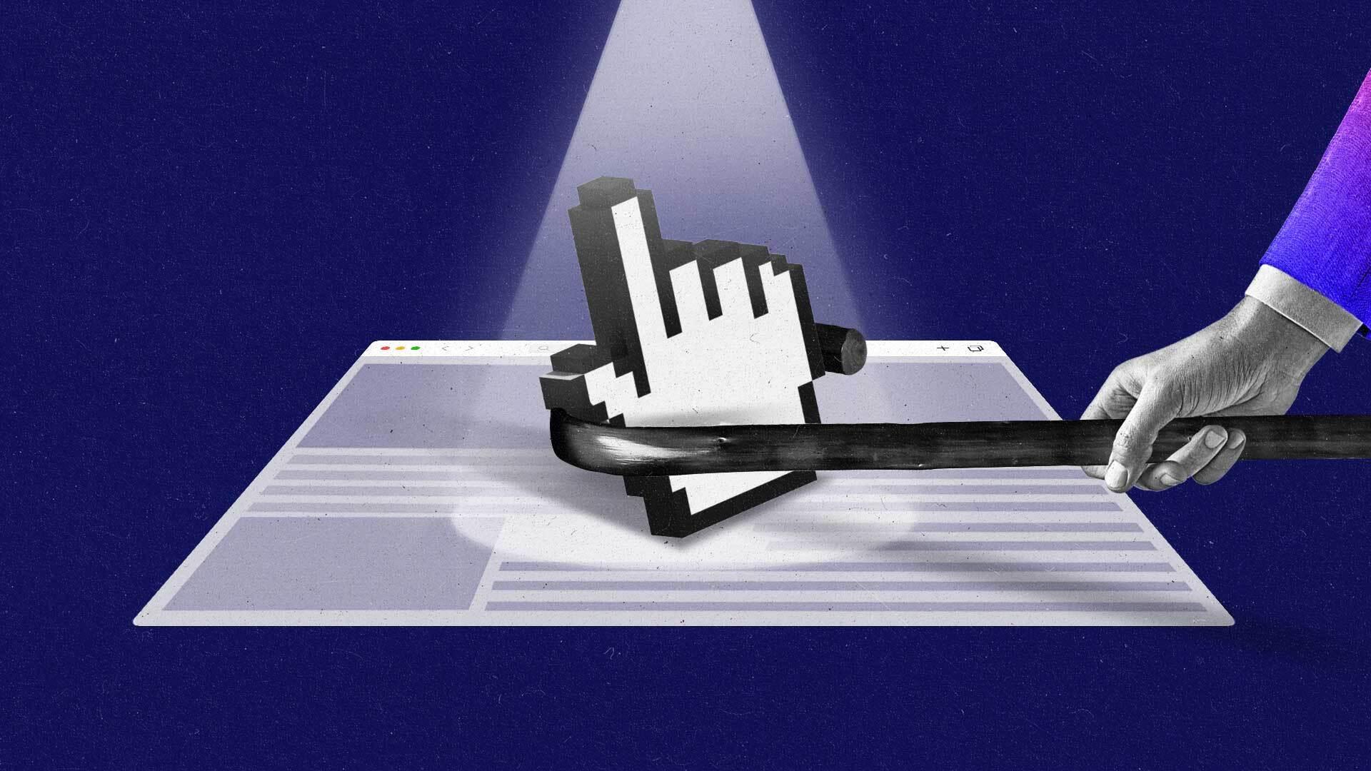 A hand with a cane pulls a cursor off of a web search window.