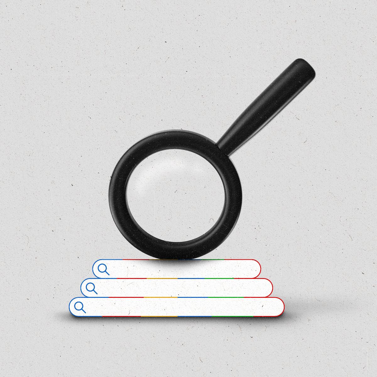 A magnifying glass hitting a stack of search bars like a gavel.