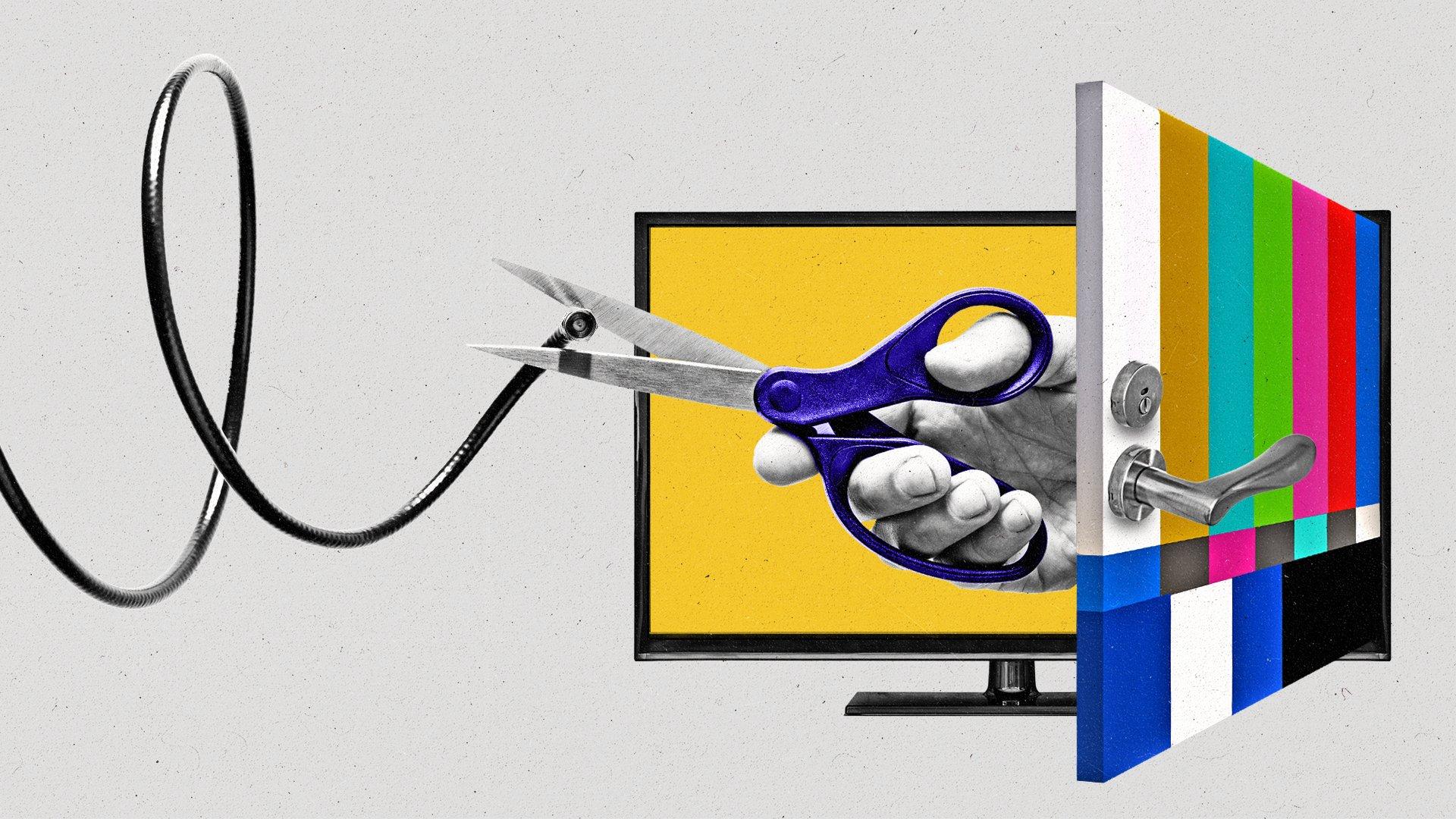 Hand with scissors emerges from a door on a TV screen and cuts a black cord.