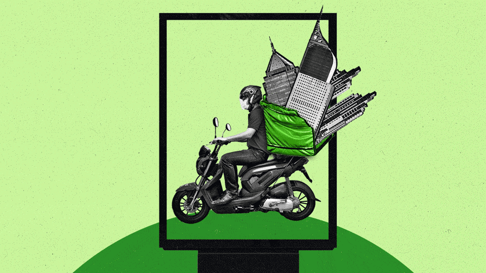 Delivery man on moped with buildings in his backpack. man appears on a digital out of home advertisement screen on a green background.