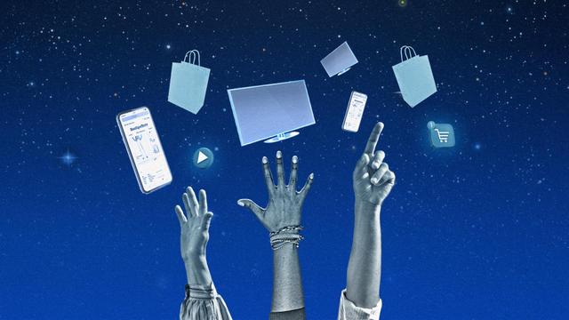 Three arms reach into a starry sky as various devices and icons float in the air.