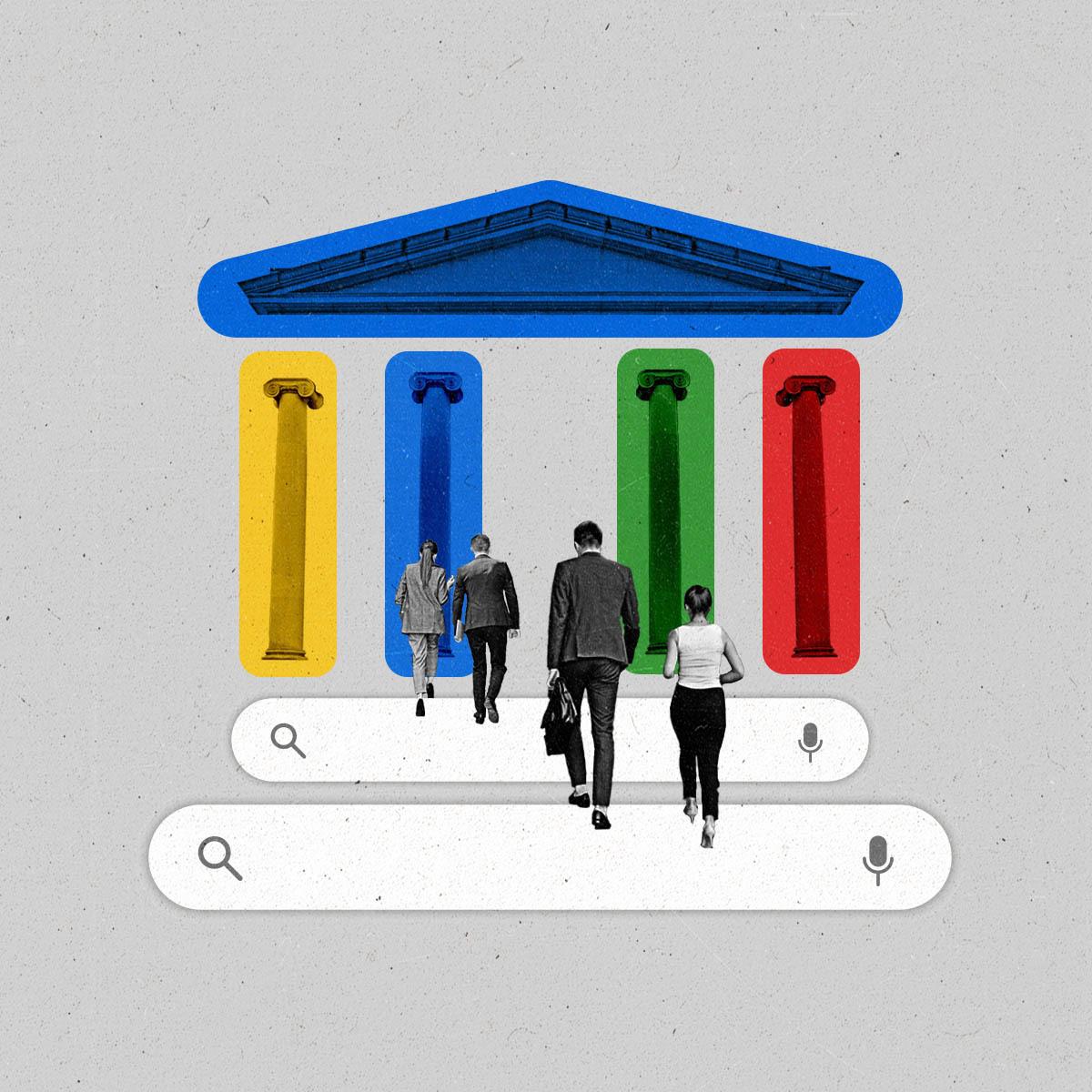 People walk up steps in the shape of a search bar towards a multicolored court house.