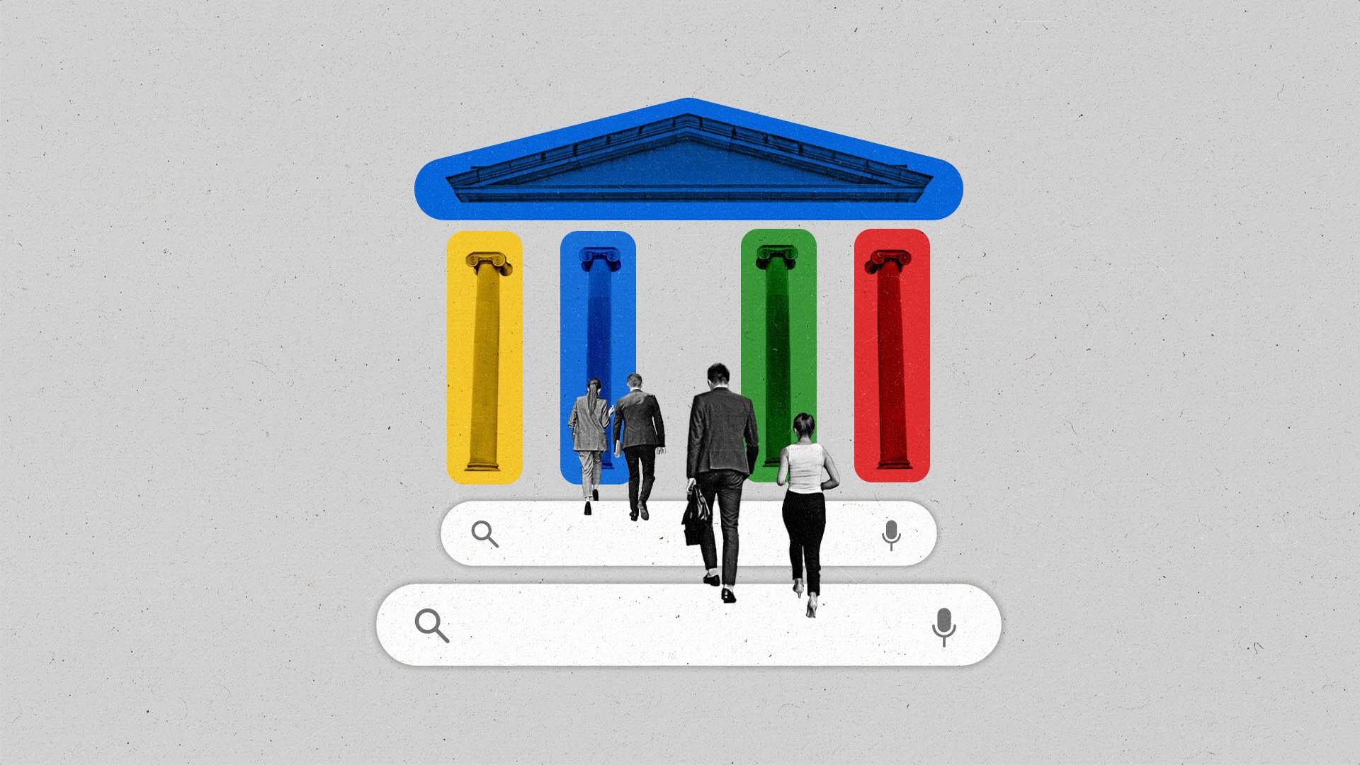 People walk up steps in the shape of a search bar towards a multicolored court house.