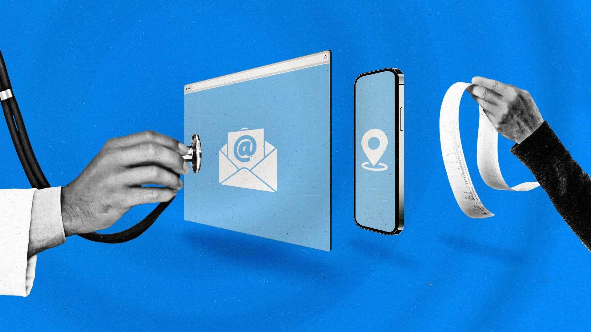 A doctor's hand holds a stethoscope to a browser window with an email symbol, which is lined up with a cell phone with a location symbol and a hand holding a sales receipt.