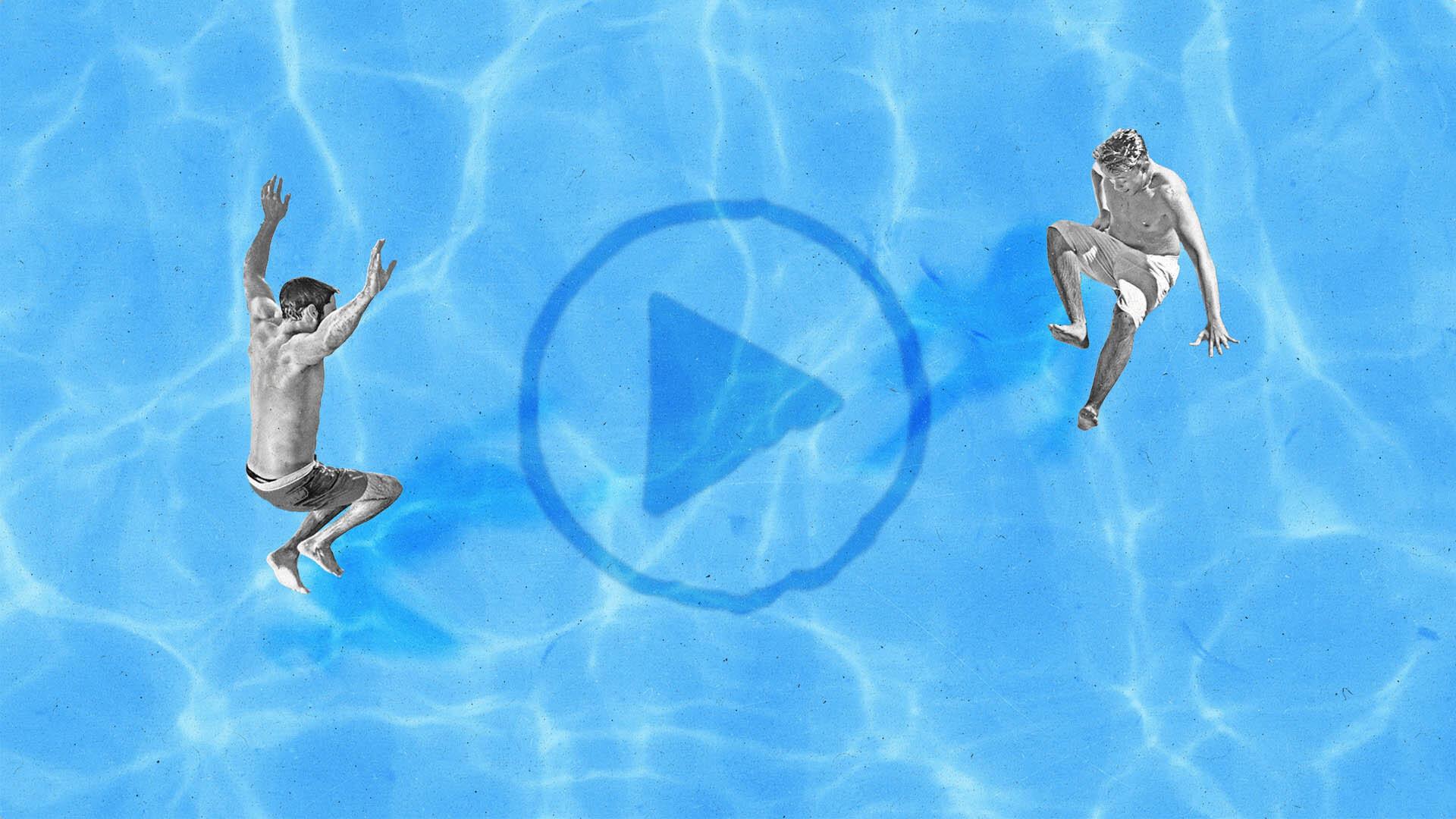 Two men jump into a pool with a streaming play button in the middle of the water.