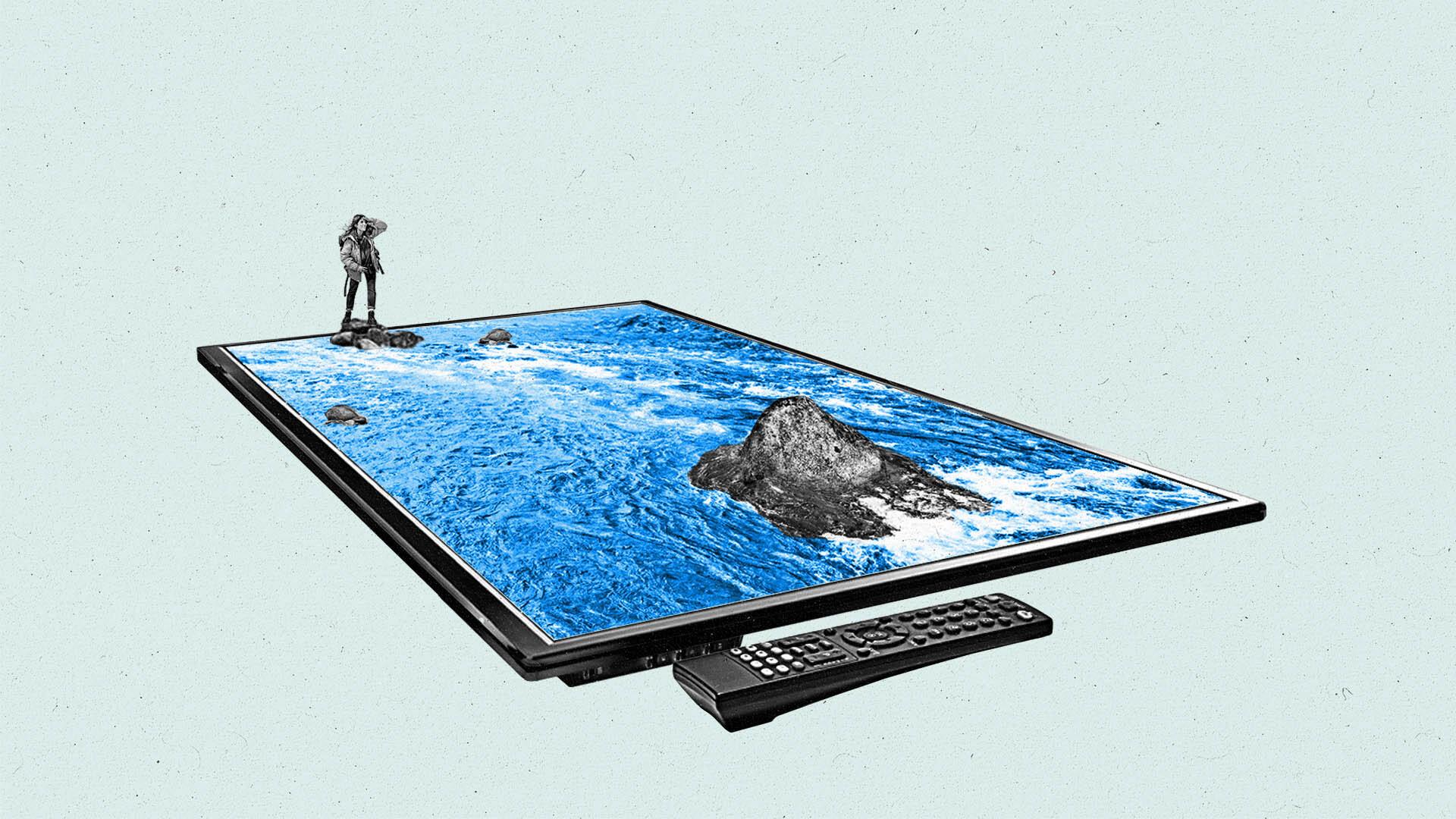 A person stands on a TV screen with rough waters and a TV remote on the other side.