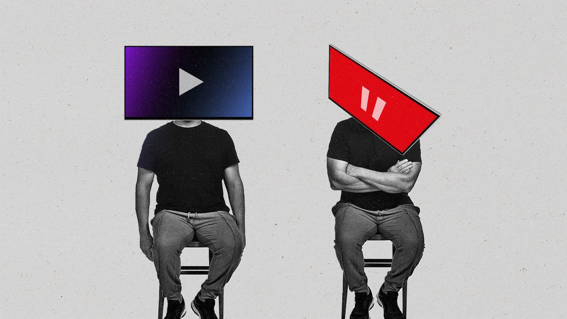 A seated person with a red-screen television head looking at the almost identical character with a purple gradient-screen to their left.
