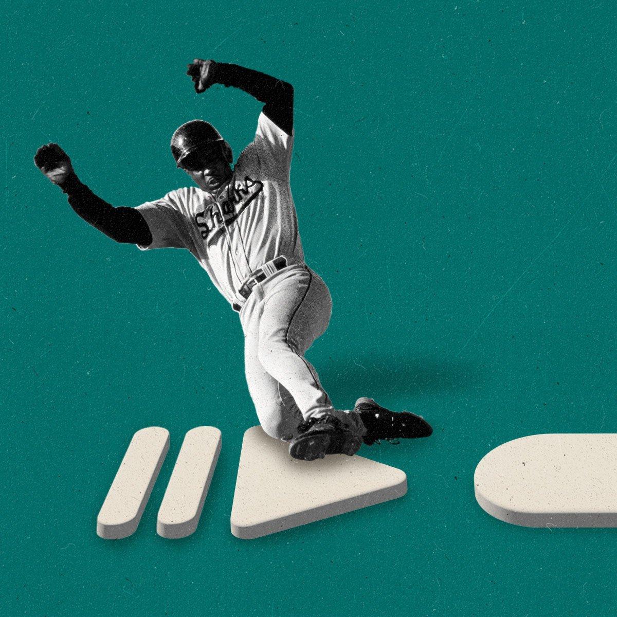 Baseball player sliding home onto a 3 dimensional play button.