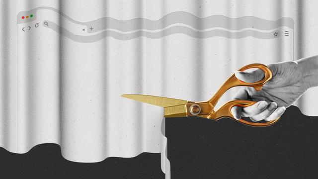A hand holding gold tailor's shears cuts a piece of fabric with a browser window on it.